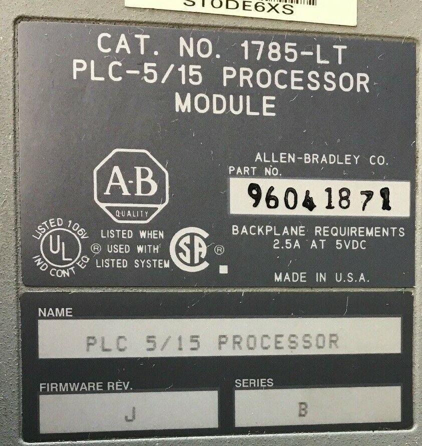 ALLEN BRADLEY 1785-LT PLC-5/15 PROCESSOR MODULE 2.5A AT 5VDC SER.B REV.J