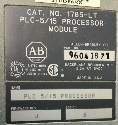 ALLEN BRADLEY 1785-LT PLC-5/15 PROCESSOR MODULE 2.5A AT 5VDC SER.B REV.J