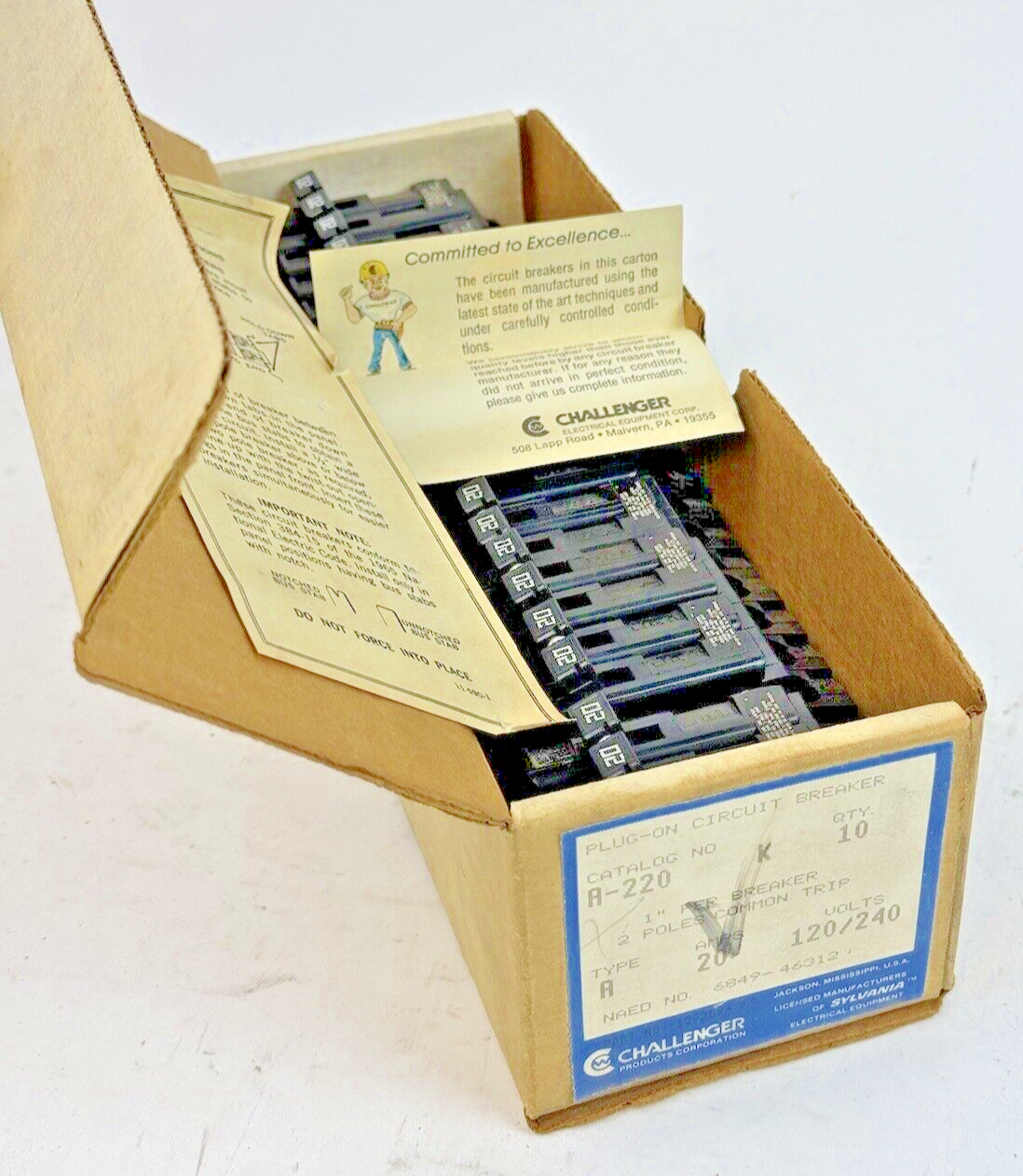 CHALLENGER *BOX OF 10* - A220K - COM. TRIP CIRCUIT BREAKERS -2 POLE/20 A/240 VAC
