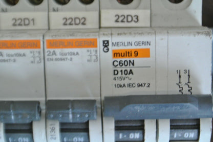 MERLIN GERIN C60N D10A + DT40N C2, C3, C6, C10 CIRCUIT BREAKERS on RAIL