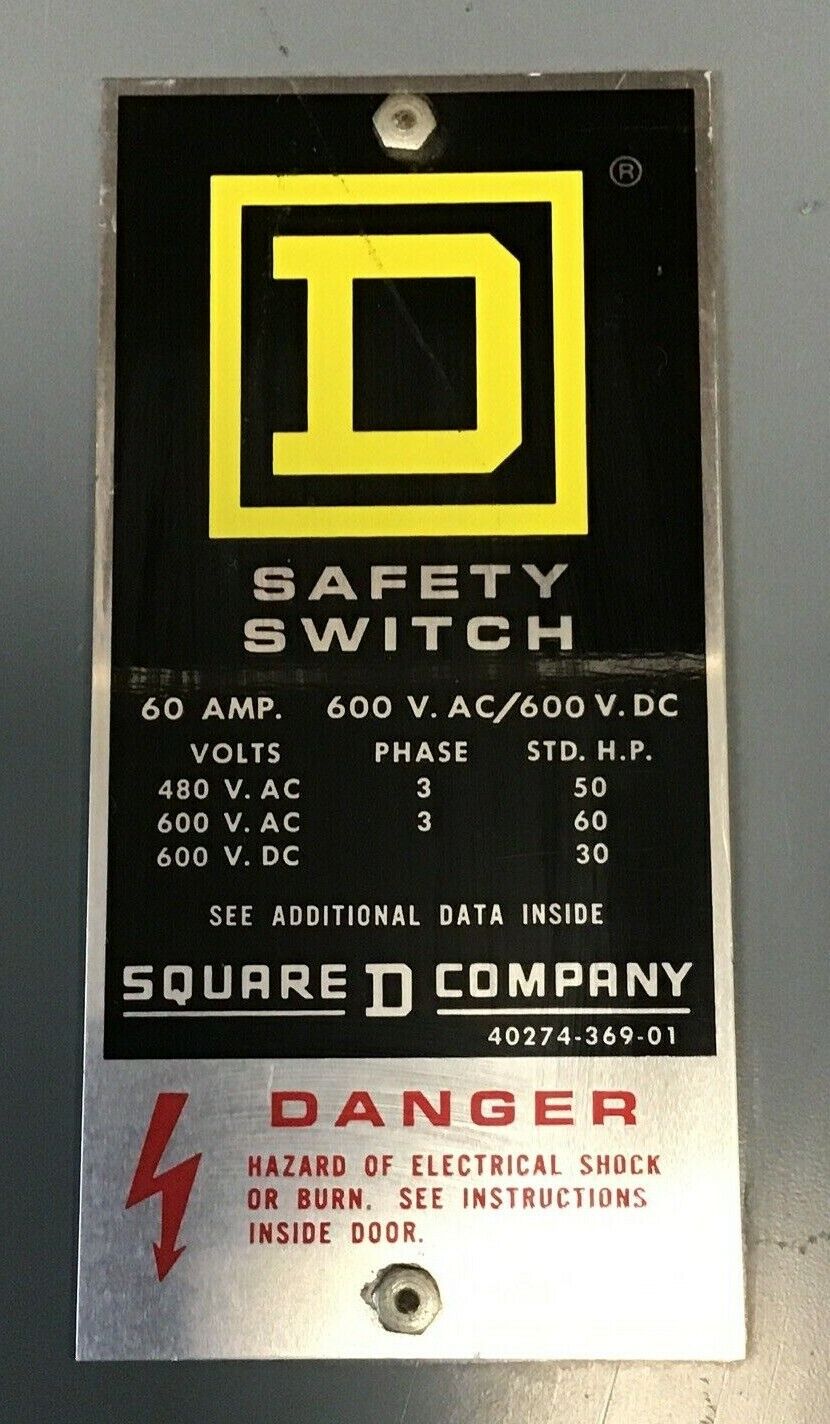 SQUARE D HU362AEI SAFETY SWITCH SER.E1 60A  NON FUSIBLE 600VAC/VDC 240VAC