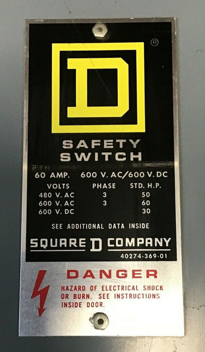 SQUARE D HU362AEI SAFETY SWITCH SER.E1 60A  NON FUSIBLE 600VAC/VDC 240VAC