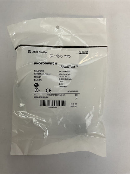 ALLEN BRADLEY 42EF-P2MPB-F4 SER D POLORIZED RETROREFLECTIVE SENSOR OUTPUT PNP