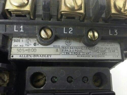 ALLEN BRADLEY 505-BOD, SER. A, REVERSING STARTER, SIZE 1, 600V, 120V COIL, USED