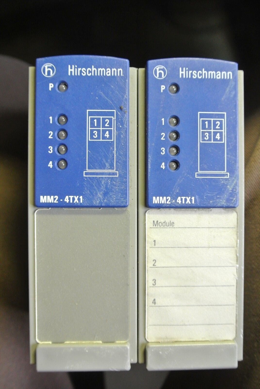 HIRSCHMANN MM2-4TX1 MICE MEDIA MODULES (2) on MB-2T MICE BACKPLANE