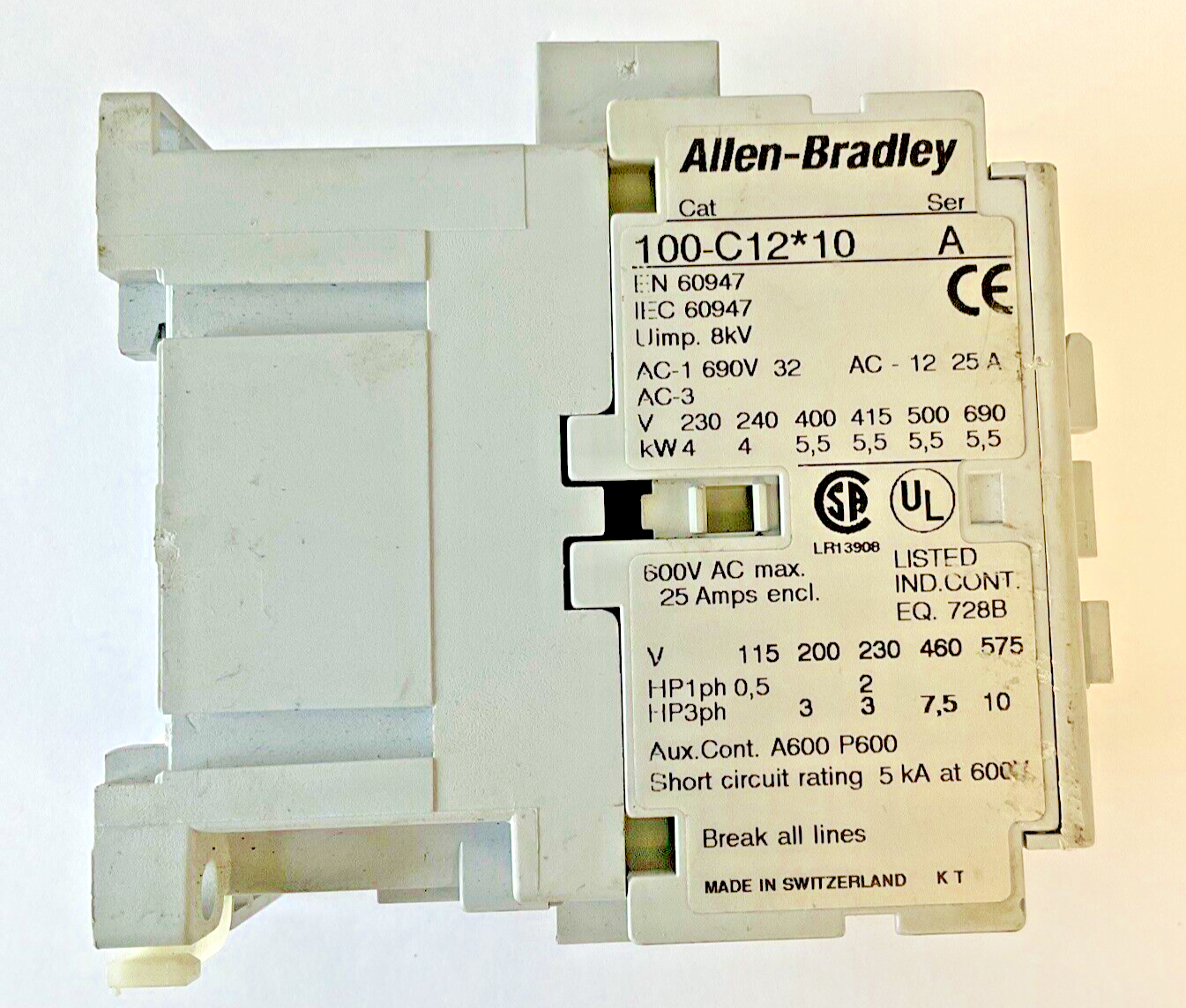 ALLEN BRADLEY 100-C12*10 CONTACTOR 600VAC 25AMPS C12