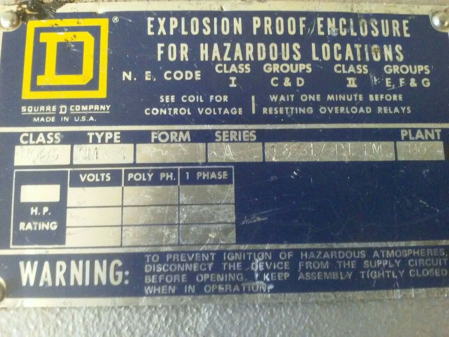 SQUARE D CLASS 8903 TYPE SMR4 8903-SMR4 EXPLOSION PROOF ENCLOSURE SER. A 10x7x7