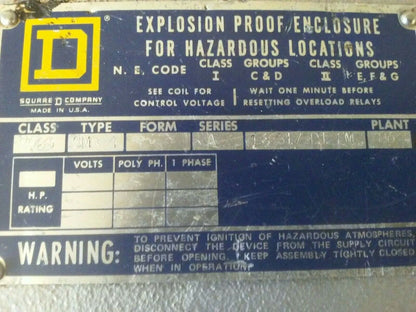 SQUARE D CLASS 8903 TYPE SMR4 8903-SMR4 EXPLOSION PROOF ENCLOSURE SER. A 10x7x7
