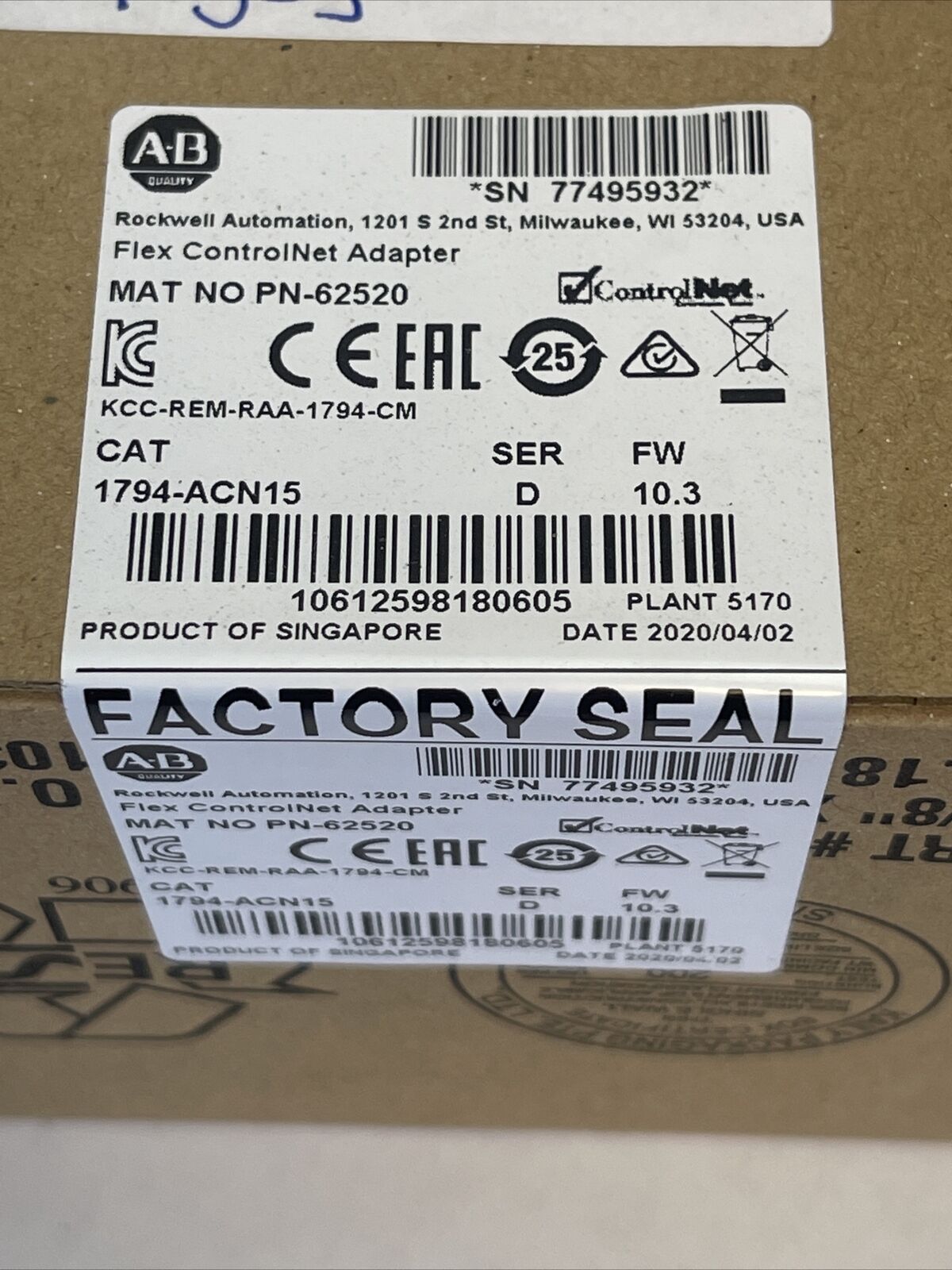 ALLEN BRADLEY 1794-ACN15 FLEX CONTROL NET ADAPTER SER D FW 10.3