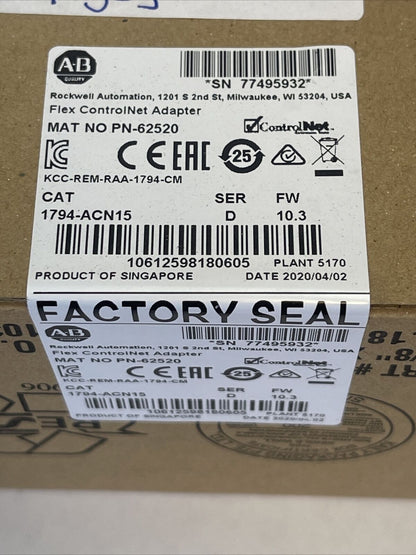 ALLEN BRADLEY 1794-ACN15 FLEX CONTROL NET ADAPTER SER D FW 10.3