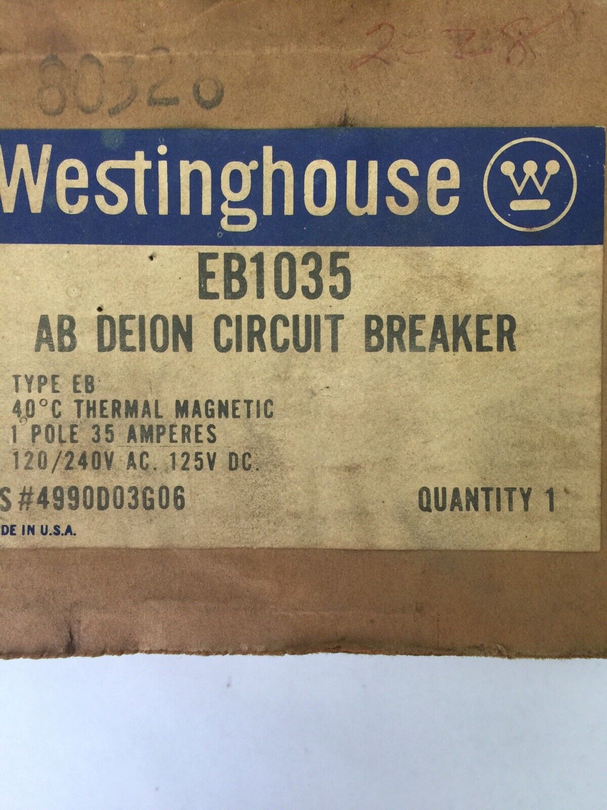WESTINGHOUSE EB1035 CIRCUIT BREAKER 35AMP 1POLE 120/240VAC 125VDC 4990D03G06