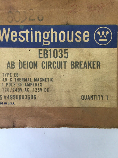 WESTINGHOUSE EB1035 CIRCUIT BREAKER 35AMP 1POLE 120/240VAC 125VDC 4990D03G06