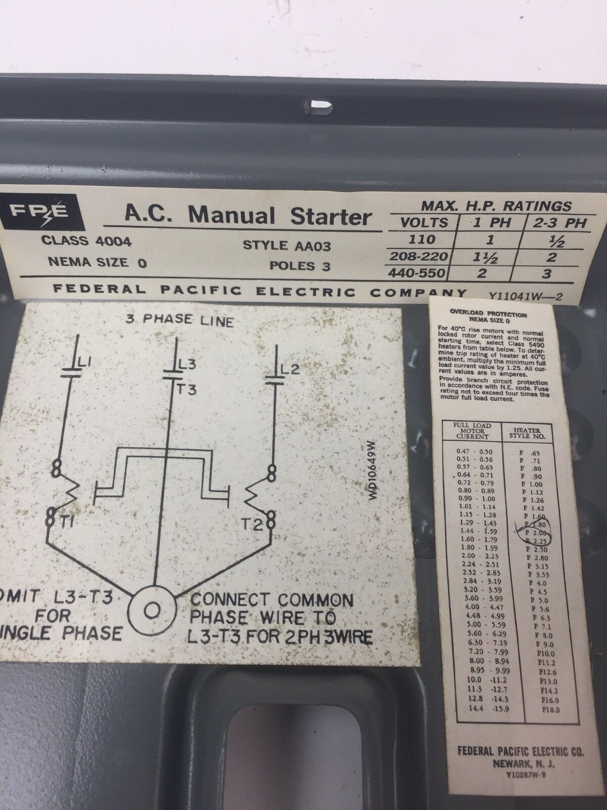 FPE 4004 AA03 A.C. MANUAL STARTER 550V NEMA SIZE 0 1 PH 3 HP 3 POLE