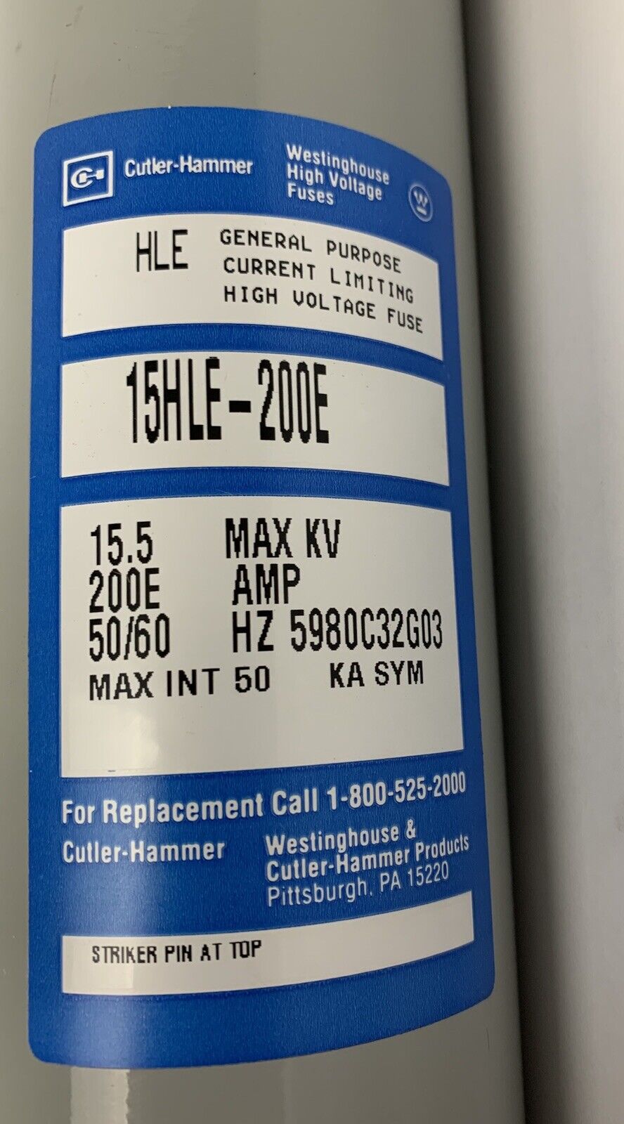 Cutler-Hammer Current Limiting High Voltage 15HLE-200E 200E Amp 15.5kV Fuse