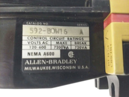 ALLEN BRADLEY 592-BOW16 SER. A OVERLOAD RELAY, 120-600V, MAKE 7200VA,BREAK 720VA