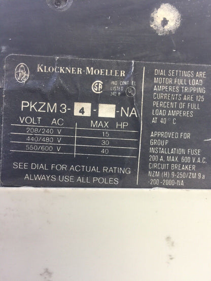 KLOCKNER MOELLER PKZM3-4-U-NA MANUAL MOTOR STARTER 550/600VAC 40HP 2.2-3.8A