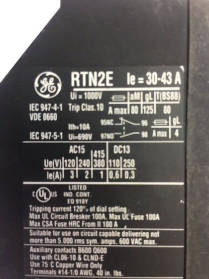 GE RTN2E OVERLOAD RELAY 600VAC 30-43A