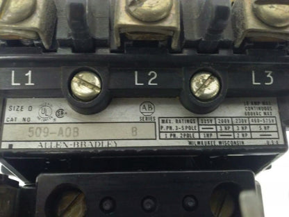 ALLEN BRADLEY 509-AOB, SER. B, STARTER, 200-208V COIL CONTACTS PERFECT CONDITION