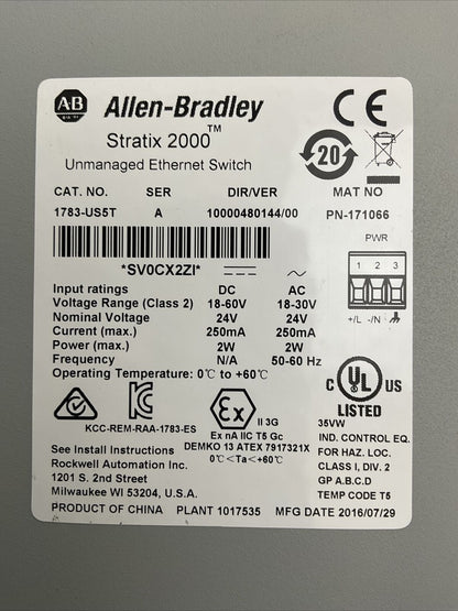 ALLEN BRADLEY 1783-US5T SER A DIR/VER 10000480144/00 UNMANAGED ETHERNET SWITCH