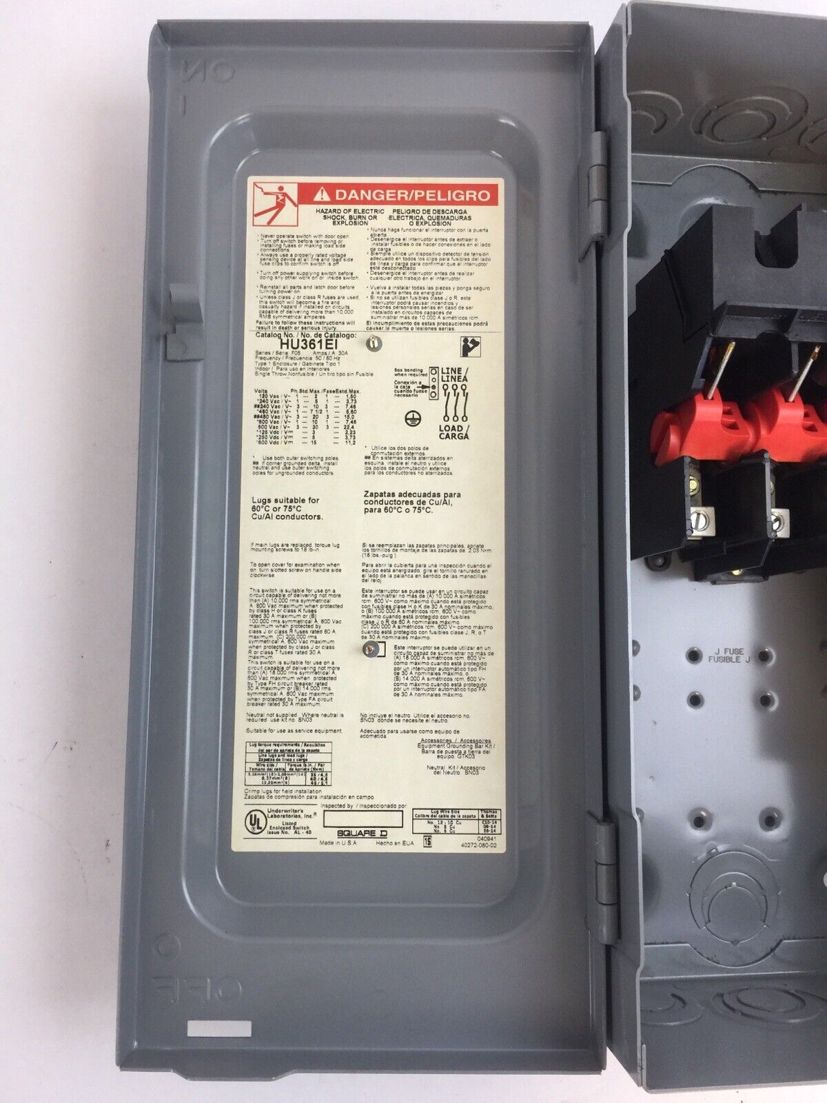 SQUARE D HU361EI NON FUSIBLE SAFETY SWITCH 30AMP 600VAC 600VDC SERIES F05 TYPE 1