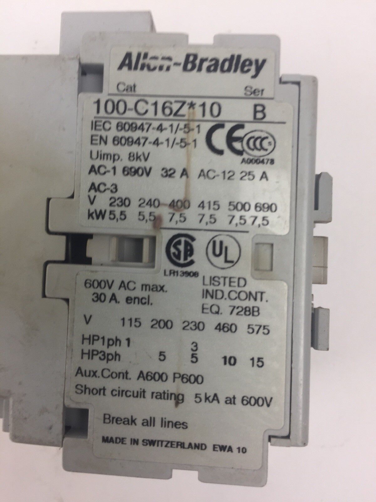 ALLEN BRADLEY 100-C16Z*10 CONTACTOR SER B 600VAC 30A COIL 24VDC