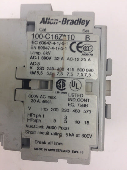 ALLEN BRADLEY 100-C16Z*10 CONTACTOR SER B 600VAC 30A COIL 24VDC