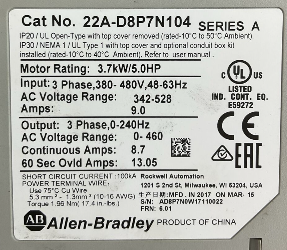 ALLEN BRADLEY 22A-D8P7N104 SER A FRN 6.01 AC DRIVE OUTPUT 0-460VAC 8.7A