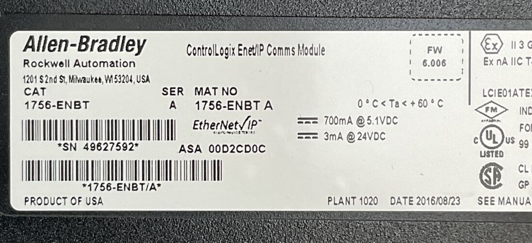 ALLEN BRADLEY 1756-ENBT SER A FW 6.006 CONTROL LOGIX ETHERNET/IP COMMS MODULE