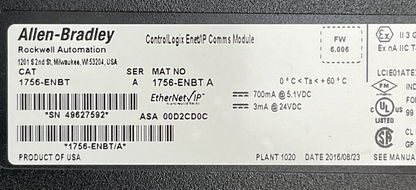 ALLEN BRADLEY 1756-ENBT SER A FW 6.006 CONTROL LOGIX ETHERNET/IP COMMS MODULE