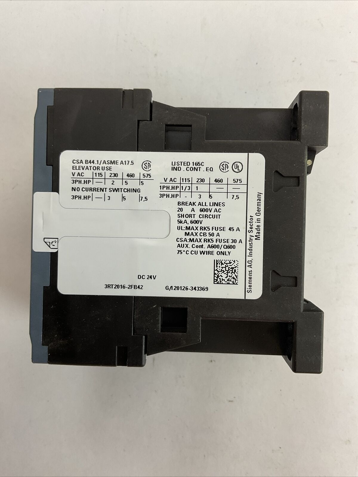 SIEMENS 3RT2016-2FB42 CONTACTOR 20A 600VAC 3PH 7.5HP COIL 24VDC