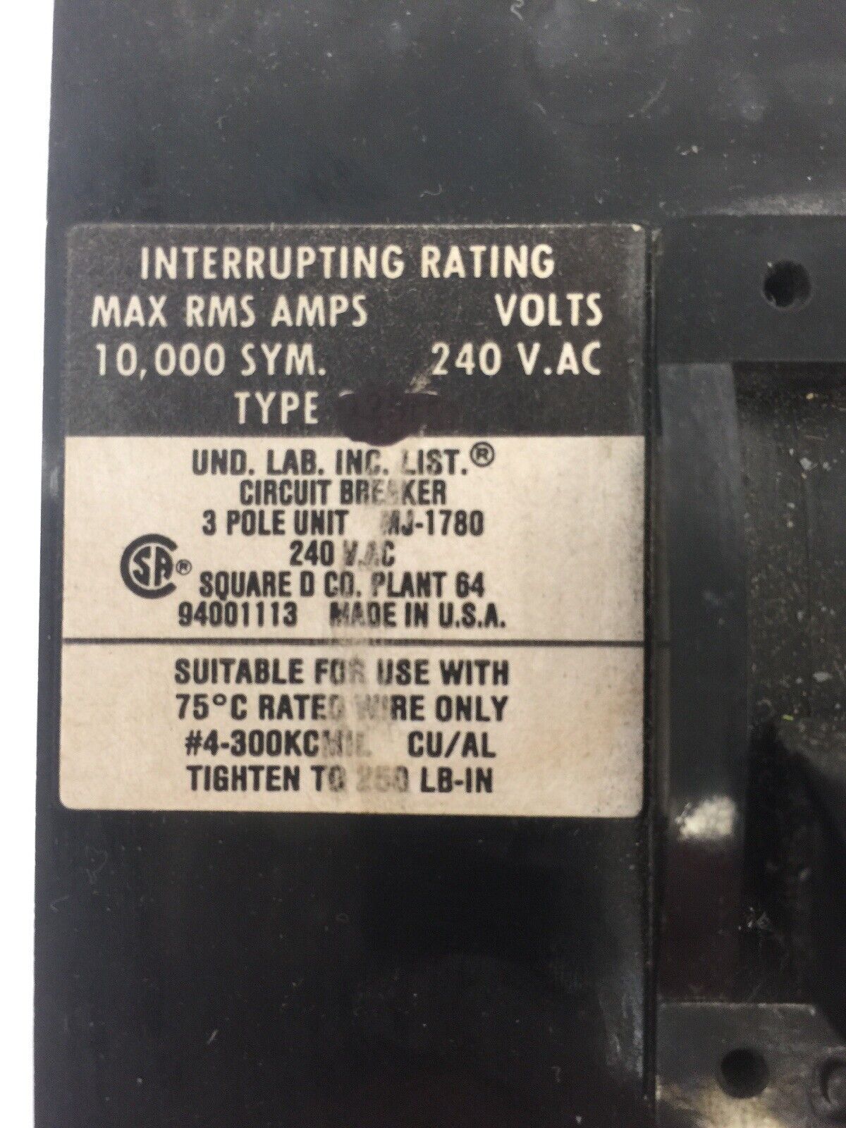 SQUARE D Q2M3125MT CIRCUIT BREAKER 240VAC 125AMP 3 POLE