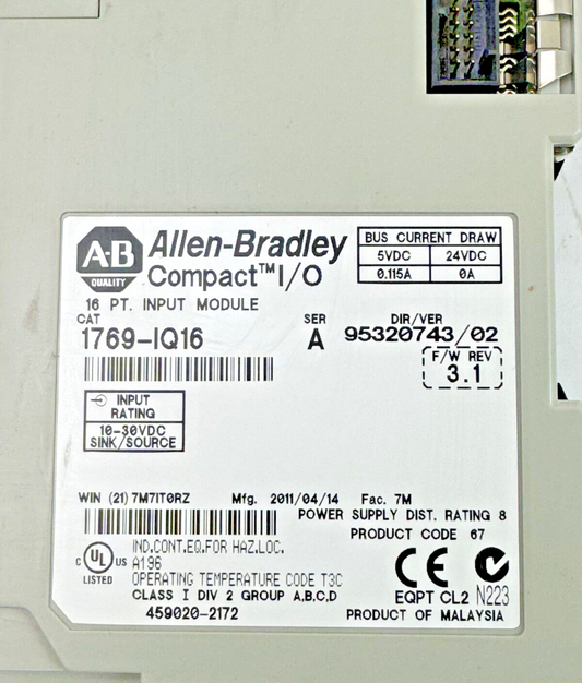ALLEN-BRADLEY - 1769-IQ16 SER. A F/W REV. 3.1 DIR-VER 95320743/02 - SLC 500 OUT