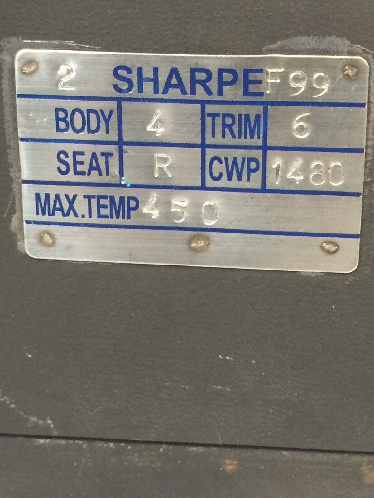 2 SHARPE F99 BALL VALVE BODY 4 TRIM 6 SEAT R CWP 1480 MAX TEMP 450