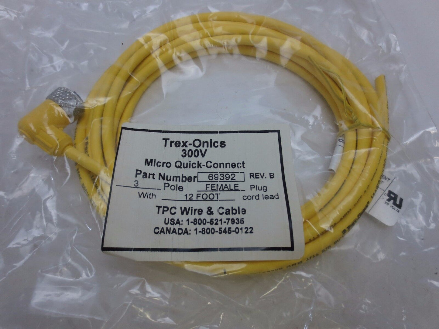 TREX-ONICS 69392 Rev. B MICRO QUICK-CONNECT 3-POLE, FEMALE PLUG, 12' CORD - NEW