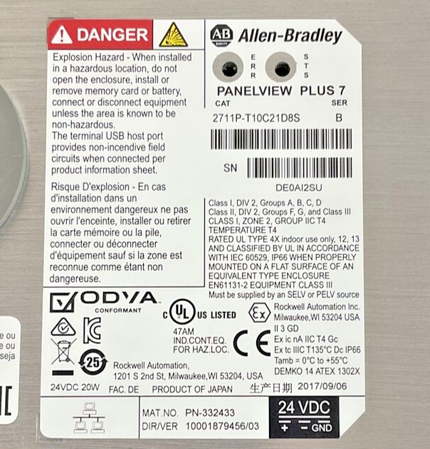 ALLEN BRADLEY 2711P-T10C21D8S PANELVIEW PLUS SER.B 24VDC DIR/VER:10001879456/03