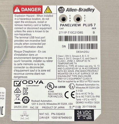 ALLEN BRADLEY 2711P-T10C21D8S PANELVIEW PLUS SER.B 24VDC DIR/VER:10001879456/03