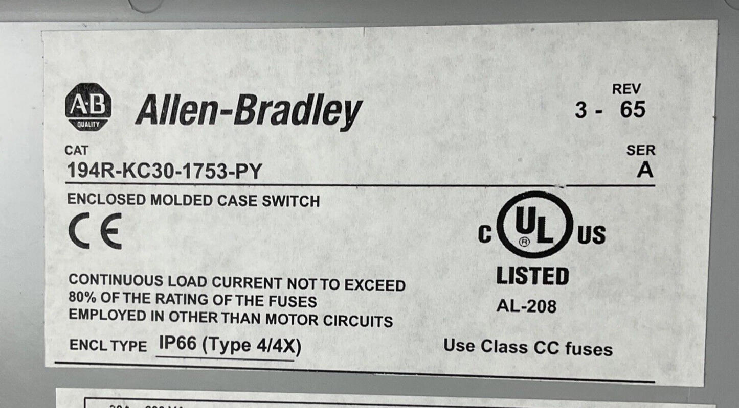 ALLEN BRADLEY 194R-KC30-1753-PY ENCLOSED MOLDED CASE SWITCH REV.3-65 SER.A