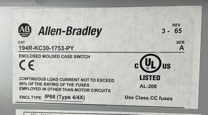 ALLEN BRADLEY 194R-KC30-1753-PY ENCLOSED MOLDED CASE SWITCH REV.3-65 SER.A