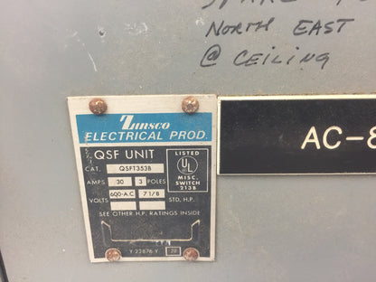 ZINSCO QSFT353B TWIN PANELBOARD FUSIBLE 30AMP 600VAC 3 POLE 7 1/8 HP