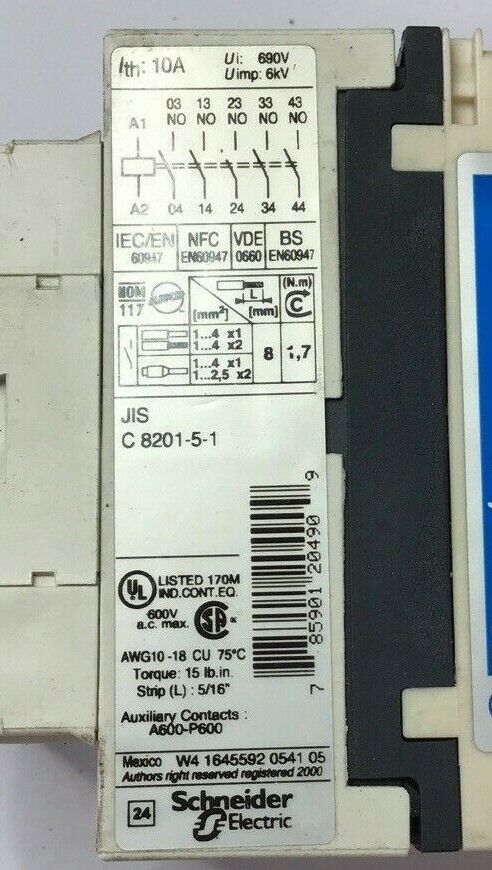 TELEMECANIQUE CAD50 CONTACTOR 10A 690V 6KV W/ LAD4RCU SUPPRESSOR 250V