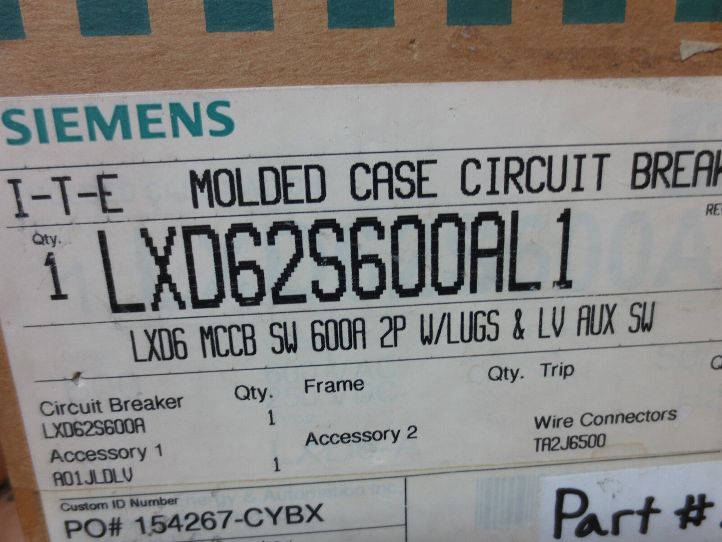 SIEMENS / ITE LXD62S600A MOLDED CASE CIRCUIT BREAKER - 600A, 600V NEW SURPLUS