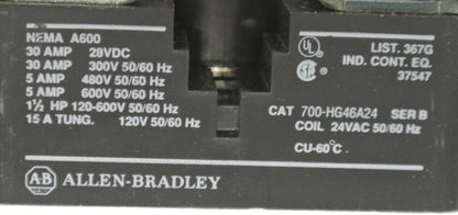 ALLEN-BRADLEY 700-HG26A24 CONTROL RELAY / SPDT / 30A / 24VAC / NEW SURPLUS