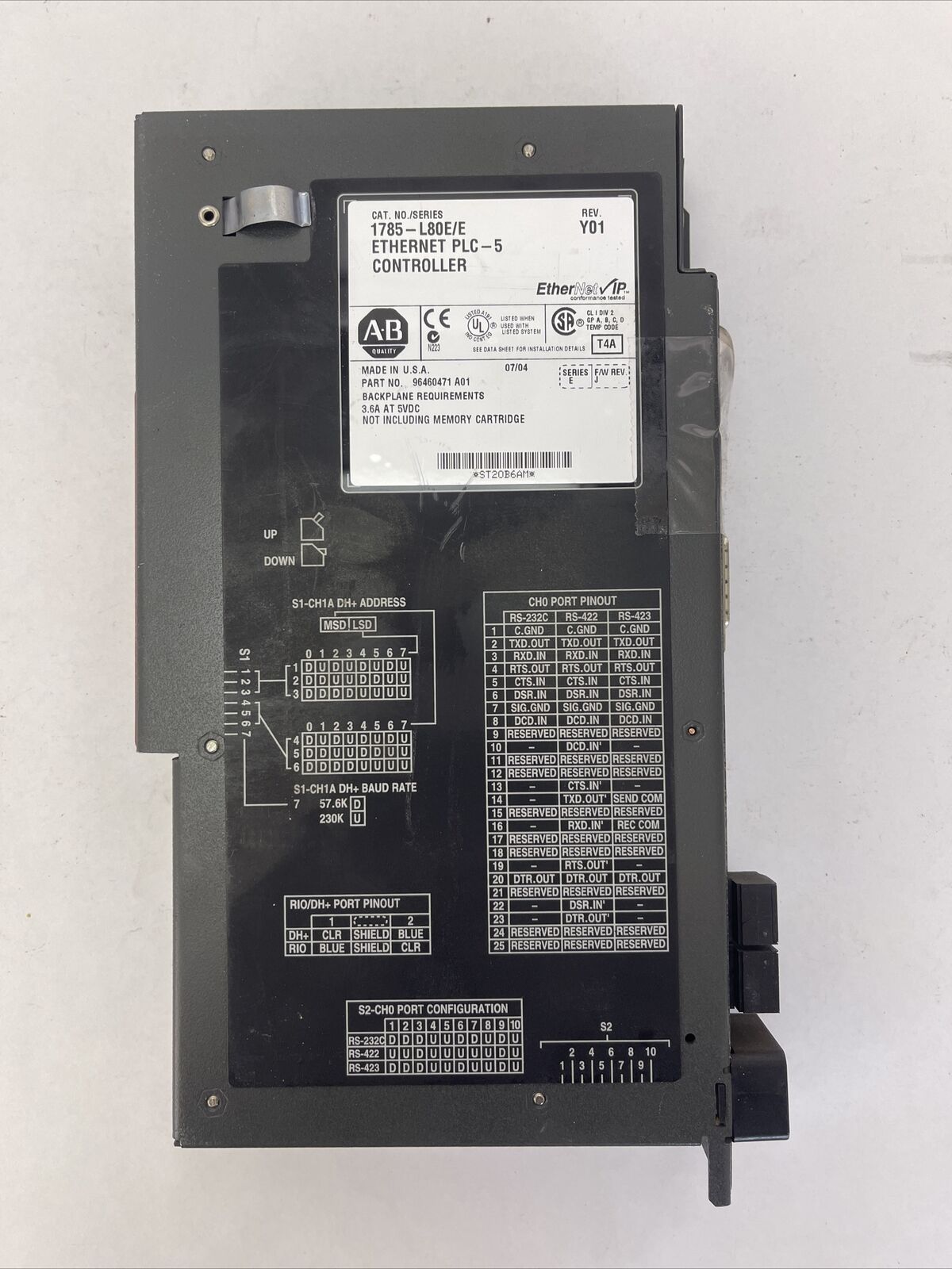 ALLEN BRADLEY 1785-L80E/E ETHERNET PLC-5 CONTROLLER REV Y01 SERIES E F/W REV J