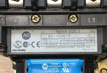 ALLEN BRADLEY 505-COD-9 REVERSING STARTER NEMA SIZE 2 SER.C 120V CC236