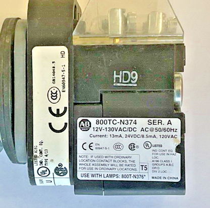 ALLEN BRADLEY 800T-QBH2G RED LED PUSH BUTTON SER.U 130VAC W/800TC-N374 SER.A MOD