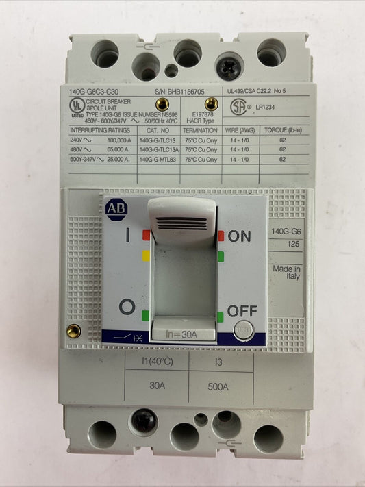 ALLEN BRADLEY 140G-G6C3-C30 CIRCUIT BREAKER 3POLE 480VAC 600Y/347VAC 30A
