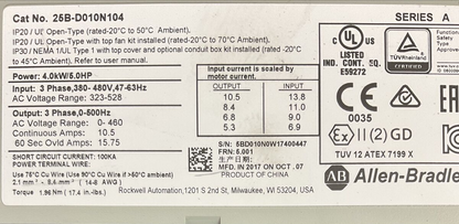 ALLEN BRADLEY 25B-D010N104 AC DRIVE FRN 5.001 SER A OUTPUT 0-460VAC