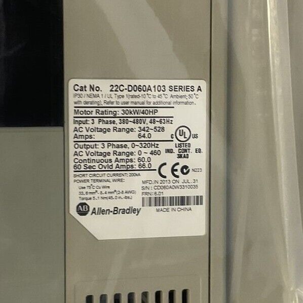 ALLEN BRADLEY 22C-D060A103 SER A AC DRIVE ADJUSTABLE FREQUENCY OUTPUT 0-460VAC