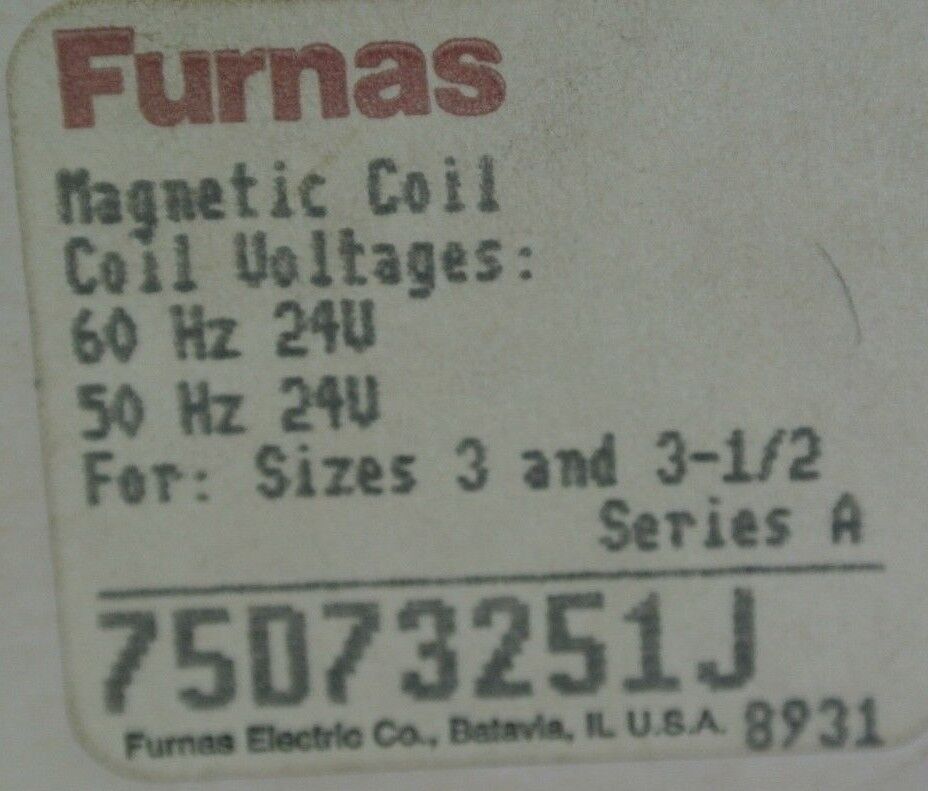 FURNAS 75D73251J MAGNETIC COIL 24V, 50/60Hz - for SIZE 3 & 3-1/2 - NEW SURPLUS