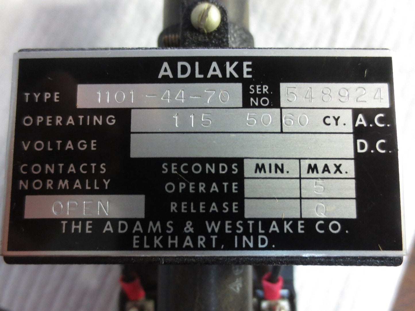 ADAMS & WESTLAKE / ADLAKE 1101-44-70 TIMING RELAY, 5-SECONDS, N.O. NEW SURPLUS